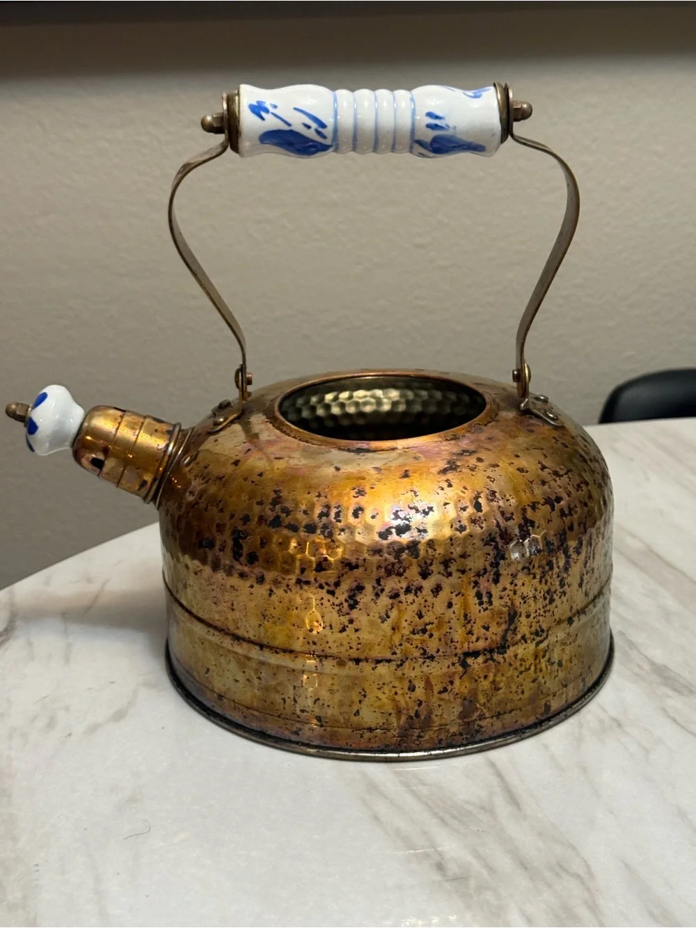 copper hammered tea kettle porcelain hand painted handle & lid knob